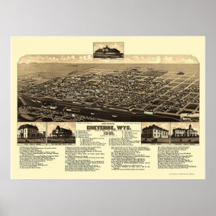 Póster Cheyenne, mapa panorâmico de WY - 1882