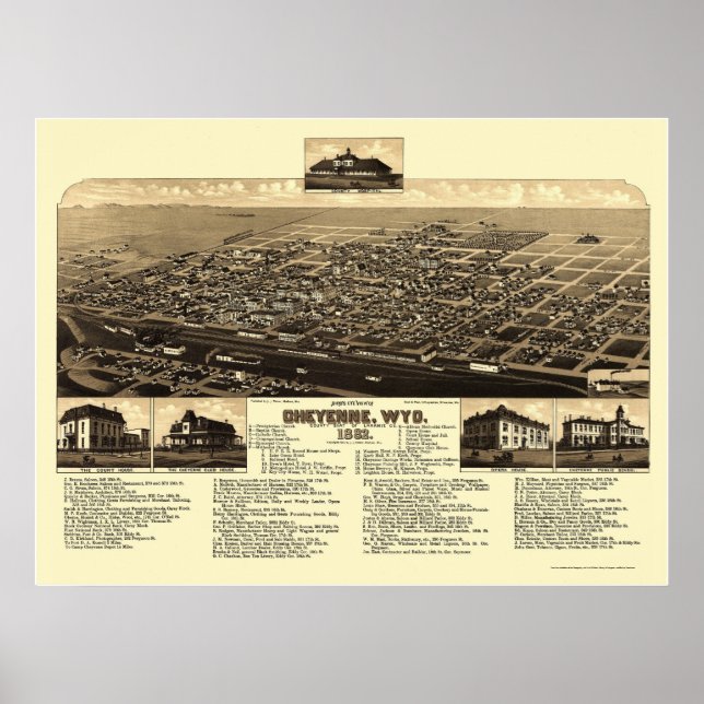 Póster Cheyenne, Mapa Panorâmico WY - 1882 (Frente)