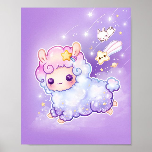 Póster Chibi alpaca, bonito com estrela cadente kawaii (Frente)