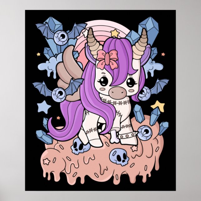 Poster Chibi Horror Unicorn Creepy Kawaii Gift Pastel (Frente)