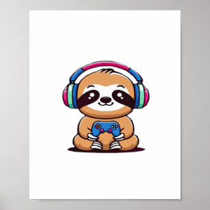 Poster Chibi Kawaii Sloth Gamer - Cute Funny Animal com