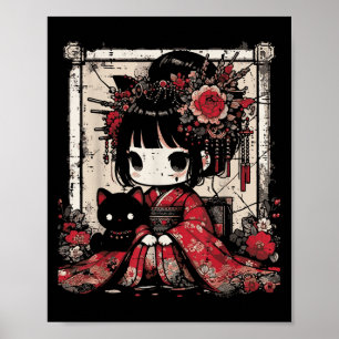 Poster Chibi Kimono Girl Black Cat Flowers Japonês Art W