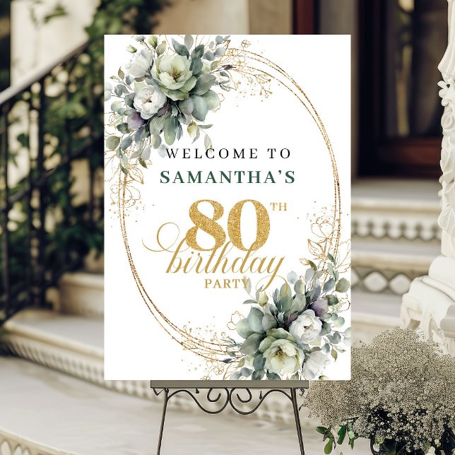 Poster Chic 80º Sinal de Boas-Vindas de Aniversário em Ve (Chic 80th Dusty Green Welcome Birthday Sign)