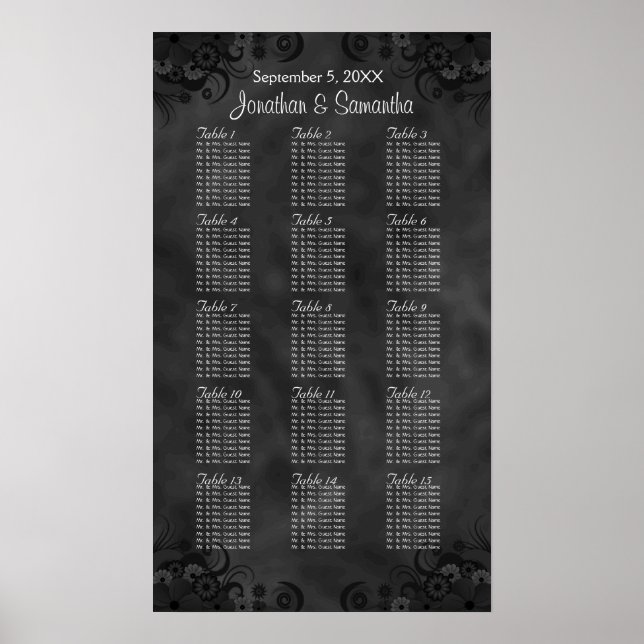 Póster Chic Black Floral 15 Mesas De Casamento (Frente)