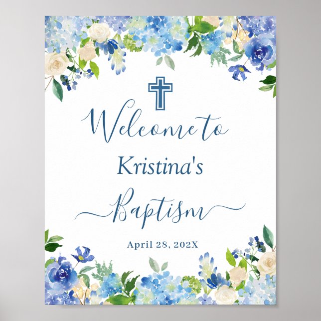 Poster Chic Blue Hydrangea Floral Baptism Sinal de boas-v (Frente)