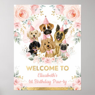 Poster Chic Blush Dourado Cães de Pet Cães Aniversário