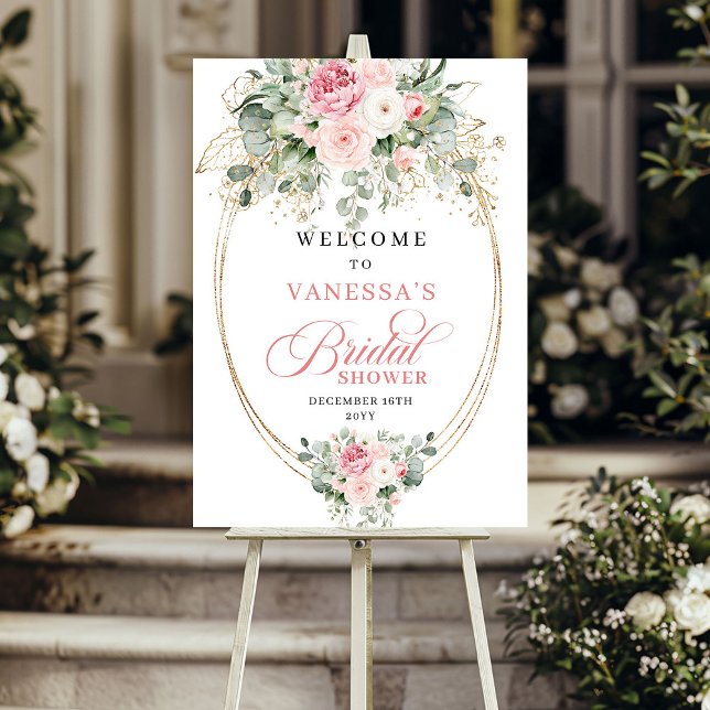 Poster Chic Blush Floral Dourado Verdejante Chá de Bebê d (Chic Blush Floral Gold Greenery Bridal Shower Welcome)