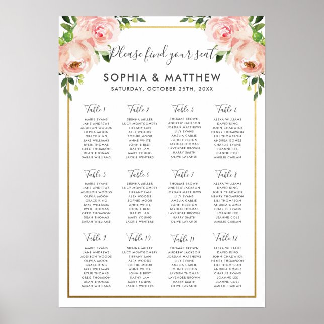 Poster Chic Blush Floral Flowers Casamento Gráfico A2 (Frente)