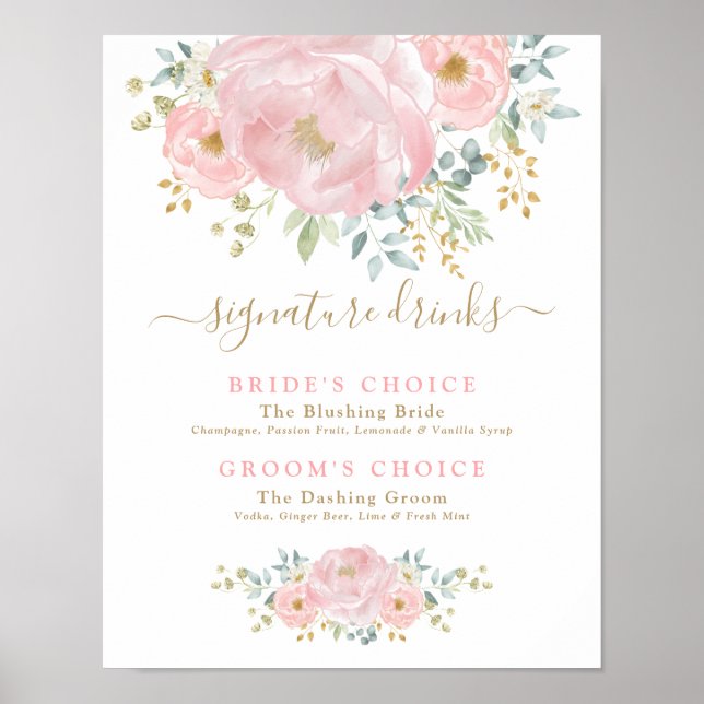 Poster Chic Blush Pink Flowers Signature Bebidas (Frente)