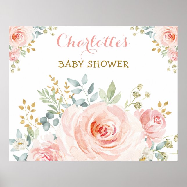 Poster Chic Blush Rosa Dourado Floral Chá de Bebê Anivers (Frente)