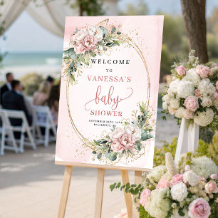 Poster Chic Blush Rosa Floral Verde Chá de Bebê Bem-vindo