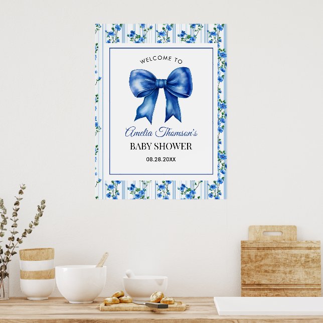 Poster Chic Boho Azul Convite de Flor de Criança para Chu (Cozinha)