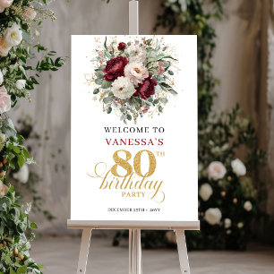 Poster Chic Boho Borgonha Floral Boas-Vindas aos 80 Anos 
