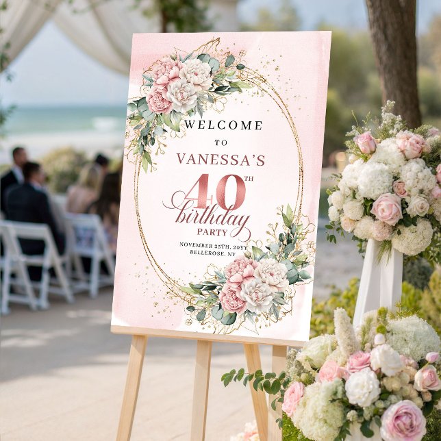 Poster Chic Boho Rosa Choque Eucalipto 40º Aniversário Be (Chic Boho Blush Pink Eucalyptus 40th Birthday Welcome)