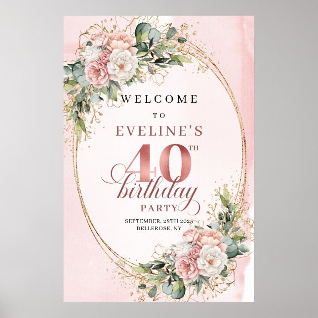 Poster Chic Boho Rosa Dourado Floral 40º Aniversário Bem- (Frente)