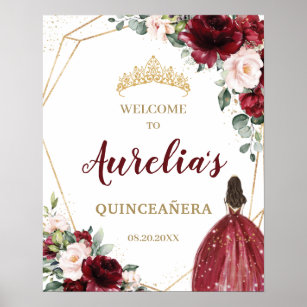 Poster Chic Burgundy Blush Floral Quinceañera Bem-vindo