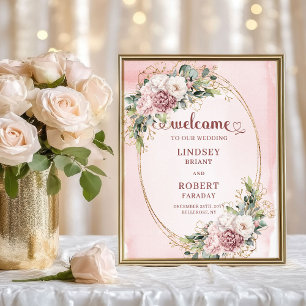 Poster Chic Casamento Boas-Vindas Rosa Floral Dourado