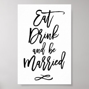Póster Chic Casamento com Letreiro à Mão Coma Beba Seja C