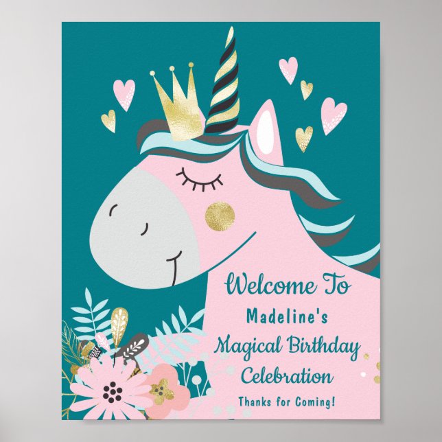 Poster Chic Floral Magical Unicorn Girly Birthday (Frente)