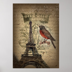 Póster Chic French Bird Modern Vintage Paris Torre Eiffel
