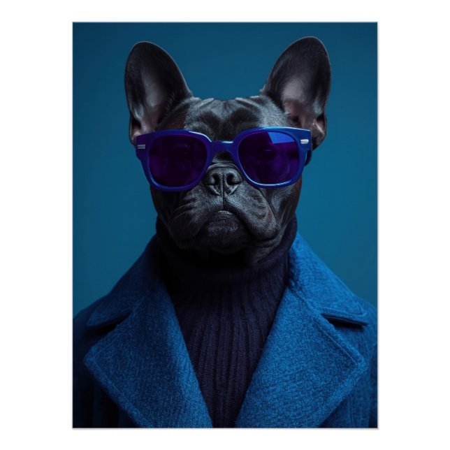Póster Chic French Bulldog Portrait in Deep Blue and Viol (Frente)