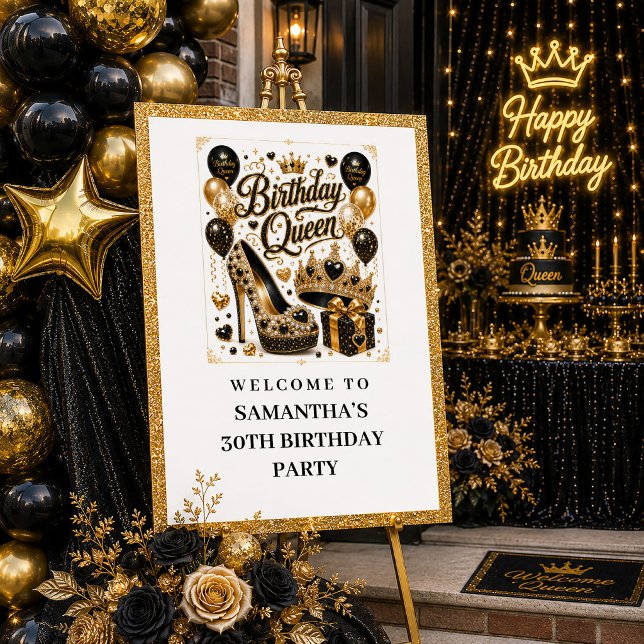 Poster Chic Glitter Preto Dourado Placa de Boas-Vindas à  (Chic Black Gold Glitter Birthday Queen Welcome Poster

)