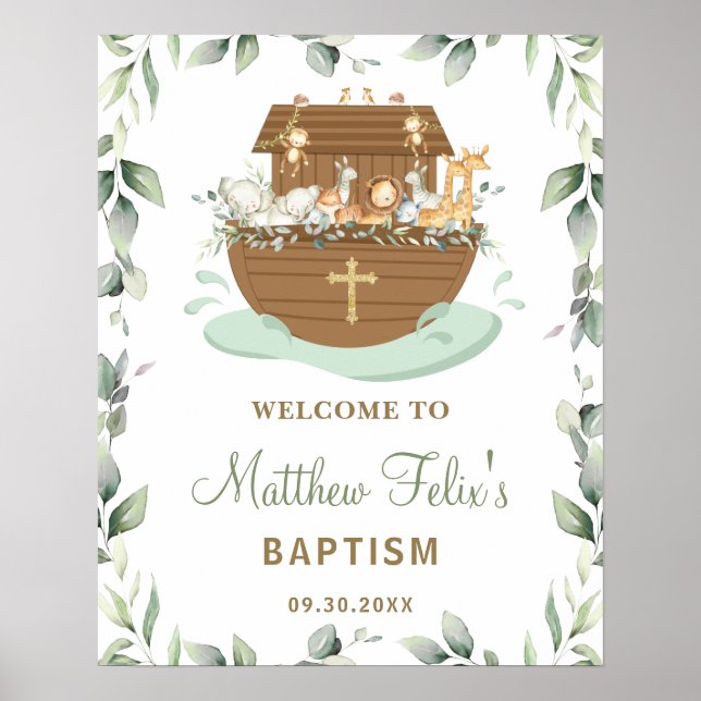 Poster Chic Greenery Noah's Ark Baptism Bem-vindo (Frente)