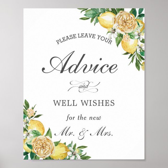 Poster Chic Lemon Floral Advice e Sinal de Casamento de D (Frente)