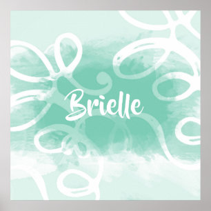 Poster Chic Neo Mint Green Watercolor Swirls Com Nome
