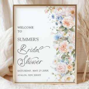 Poster Chic Pastel Bege Branco Azul Floral Chá de Noiva