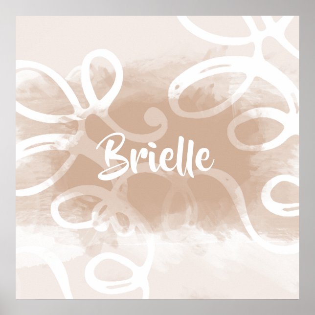 Poster Chic Pastel Brown Watercolor Swirls Com Nome (Frente)