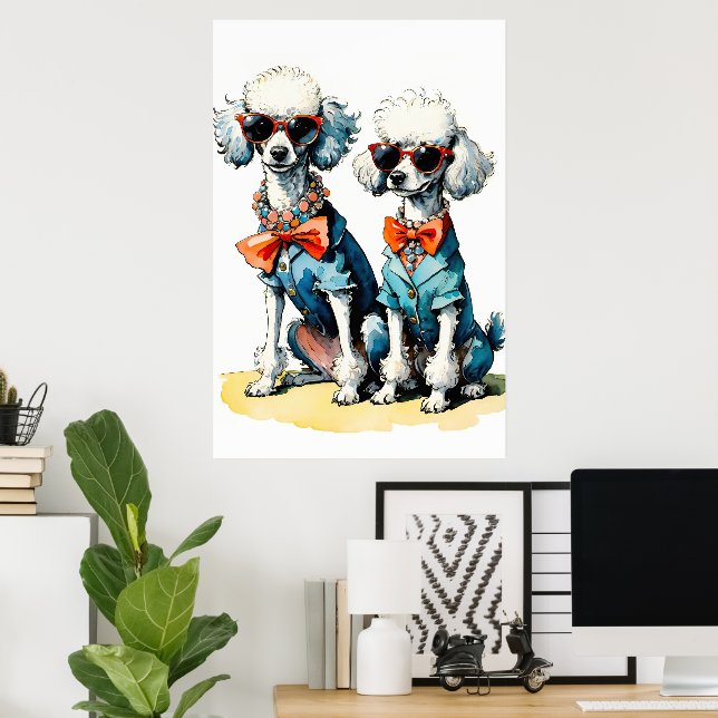 Poster Chic Poodle Duo com óculos de sol e lagartas de ge (Escritório em casa)
