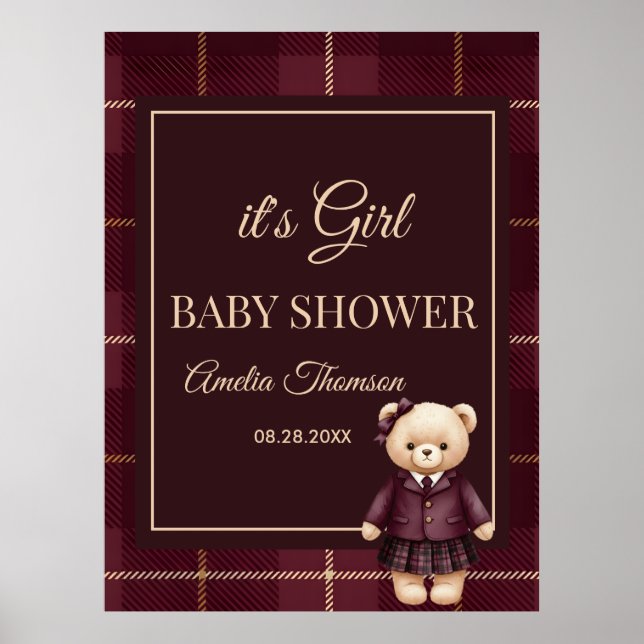 Poster Chic Preppy Teddy Bear Baby Shower (Frente)