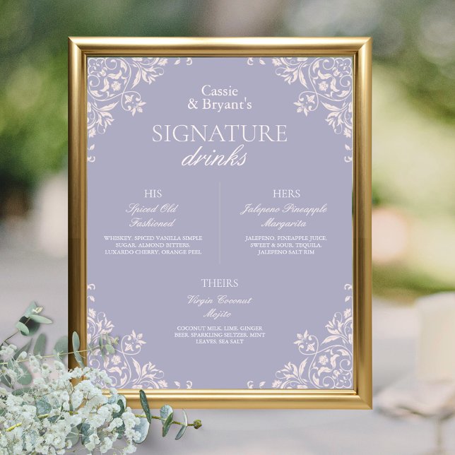 Poster Chic Purple French Lilac Wedding Signature Bebidas (elegant purple lavender french lilac wedding bar menu signature drinks sign for her him them poster)