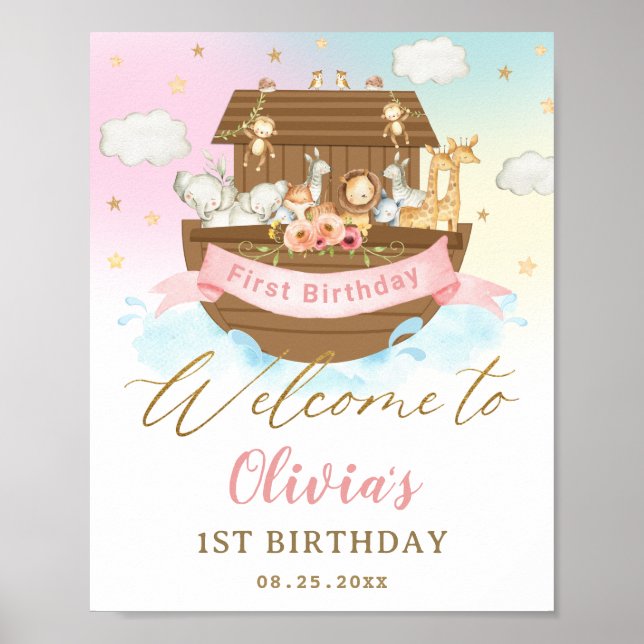 Poster Chic Rainbow Noah's Ark Girl 1st Birthday Welcome (Frente)