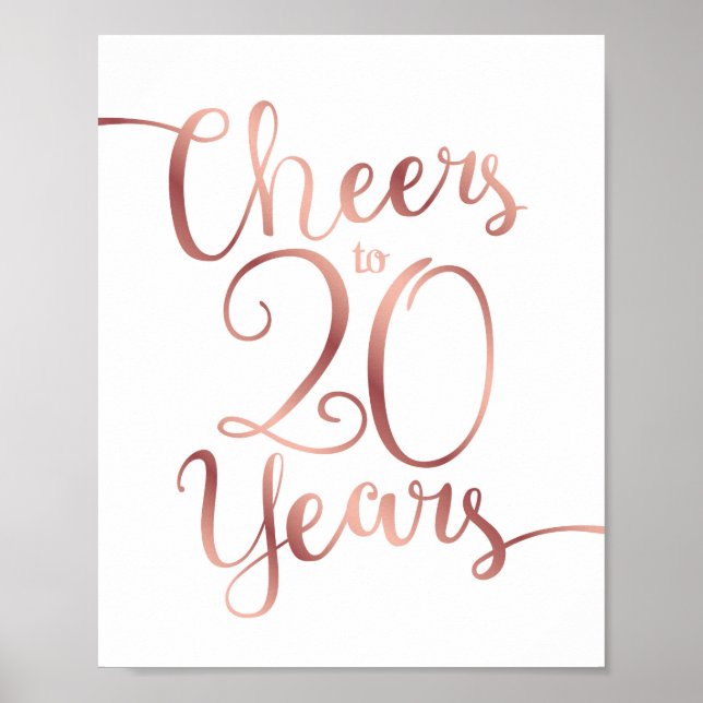 Poster Chic Rosa Dourado CHEERS PARA 20 ANOS Sinal Impres (Frente)