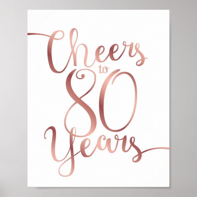 Poster Chic Rosa Dourado CHEERS PARA 80 ANOS Sinal Impres (Frente)