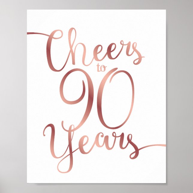 Poster Chic Rosa Dourado CHEERS PARA 90 ANOS Sinal Impres (Frente)