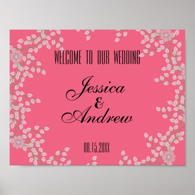 Póster Chic Rosa Floral & Pérolas Bem-Vindo Casamento (Frente)