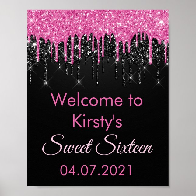 Poster Chic Sweet 16 Pink Black Glitter Party Welcome Pos (Frente)