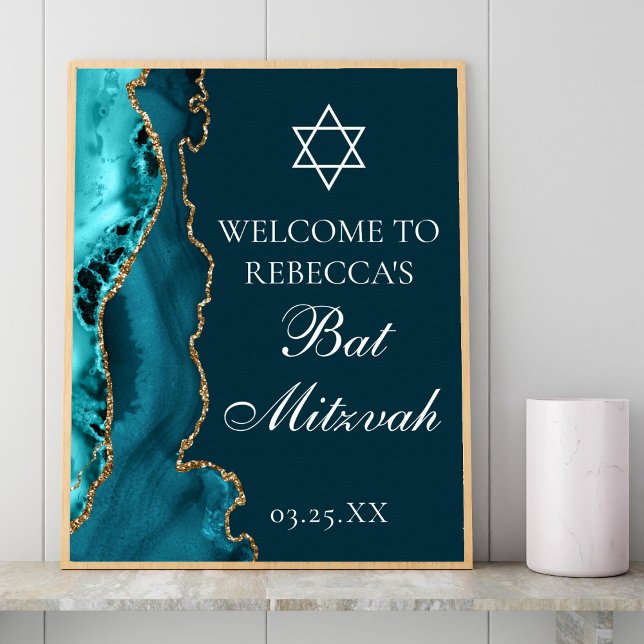 Poster Chic Teal Dourado Agate Bat Mitzvah Partido Bem-vi (Criador carregado)