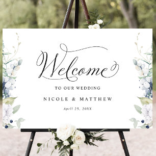 Poster Chic Weding Sign White Blue Floral