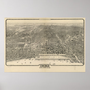 Poster Chicago 1916, IL Birds Olhos Ver Mapa Panorâmico