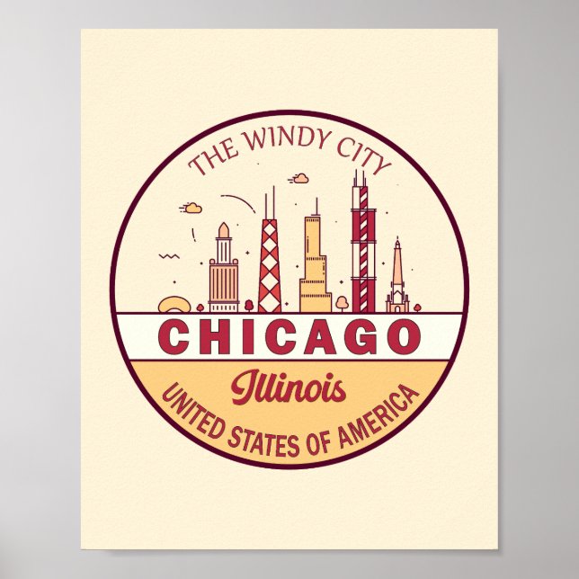 Poster Chicago Illinois City Skyline Emblem (Frente)