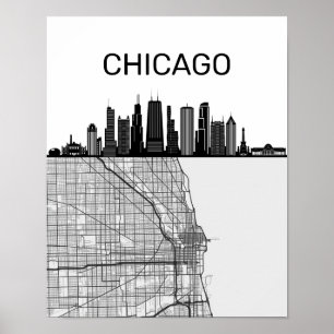 Poster Chicago Illinois City Skyline With Map