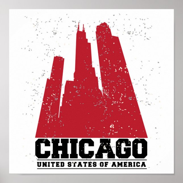 Póster Chicago, Illinois | Linha Skyline de Cidade Vermel (Frente)