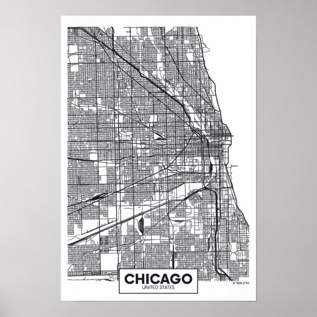Póster Chicago, Illinois | Mapa da cidade de preto e bran (Frente)