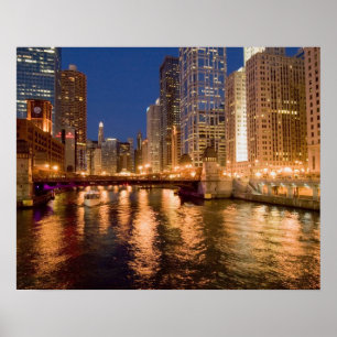 Póster Chicago, Illinois, Skyline e Chicago River às 2