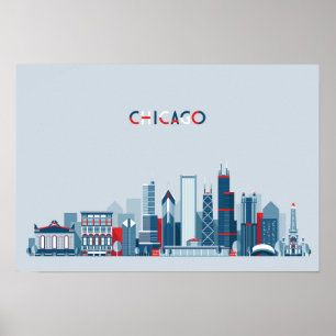 Poster Chicago, Illinois skyline vermelha, branca e azul