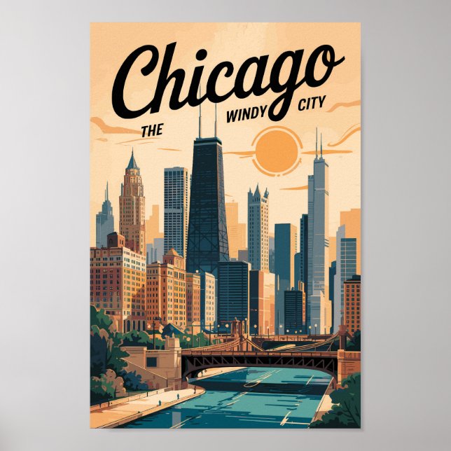 Poster Chicago Illinois - Skyline Viagem Art Vintage (Frente)